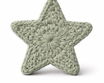 May include: A sage green star-shaped object crafted with a textured crochet knit pattern. The five-pointed star features a consistent yarn construction throughout, displaying a dense, looped stitch design that creates a soft, dimensional appearance.