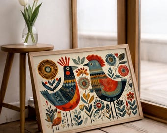 Scandinavian Folk Bird Print, Mid Century Modern Art (Digital Download)