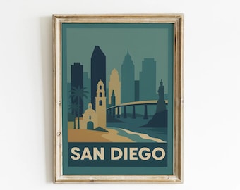 San Diego City Skyline Print, California Travel Poster, Beach Wall Art Vintage Style