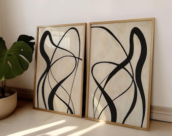 Modern Minimalist Line Art Set, Black Abstract Wall Decor, Neutral Prints