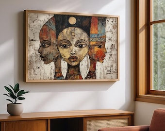Afrocentric Abstract Faces Wall Art | Modern African Portrait Print | Textured Earthy Statement Decor