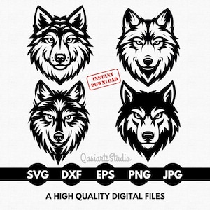 Könnte beinhalten: Vier schwarz-weiße Wolfskopf-Designs. Das Bild enthält den Text "INSTANT DOWNLOAD" in einem roten Stempel. Unter den Wolfsköpfen befinden sich Dateityp-Symbole: SVG, DXF, EPS, PNG und JPG. Der Text "A HIGH QUALITY DIGITAL FILES" steht unten.