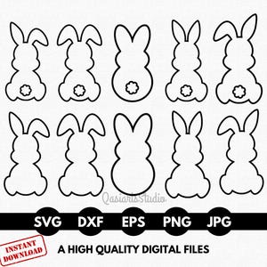 Könnte beinhalten: Satz mit acht schwarzen und weißen Umriss-SVG-Schnittdateien von Hasen. Die Hasen stehen mit aufgestellten Ohren. Die Dateien sind nur zum digitalen Download.