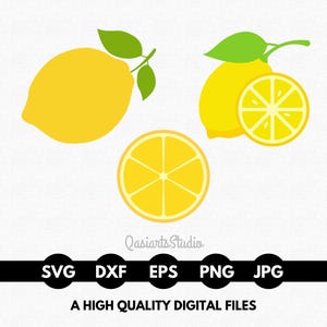 Könnte beinhalten: Ein Satz mit drei gelben Zitronen-Illustrationen. Eine Zitrone ist ganz mit einem grünen Stiel und Blättern. Eine weitere Zitrone ist halbiert und zeigt das Innere. Die dritte Zitrone ist eine Scheibe.