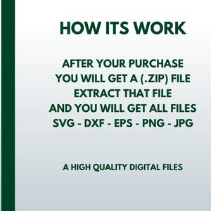 May include: White background with green vertical stripe on the left side. Text reads "HOW ITS WORK" followed by instructions on how to access digital files after purchase. File types include SVG, DXF, EPS, PNG, and JPG.