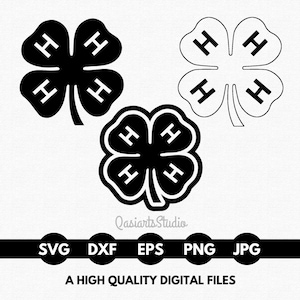 May include: Three black and white four-leaf clover designs with the letter "H" in each leaf. The image includes file type icons: SVG, DXF, EPS, PNG, and JPG. Text at the bottom reads "A HIGH QUALITY DIGITAL FILES".