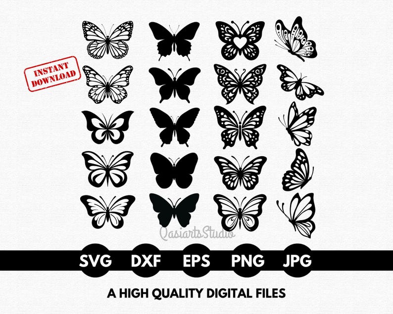 Puede incluir: Una colecci&oacute;n de dise&ntilde;os de mariposas en blanco y negro. La imagen incluye varias siluetas de mariposas, algunas con detalles intrincados. El texto incluye "INSTANT DOWNLOAD" e iconos de tipo de archivo: SVG, DXF, EPS, PNG y JPG. Tambi&eacute;n est&aacute; presente el texto "A HIGH QUALITY DIGITAL FILES".