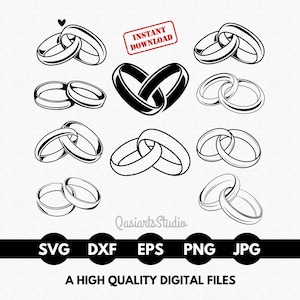 Könnte beinhalten: Schwarz-weiße digitale Illustrationen von Eheringen in verschiedenen Designs, darunter ein herzförmiger Ring. Mit dem Text "Instant Download" und Dateityp-Symbolen: SVG, DXF, EPS, PNG und JPG. Der Text "A HIGH QUALITY DIGITAL FILES" ist ebenfalls vorhanden.