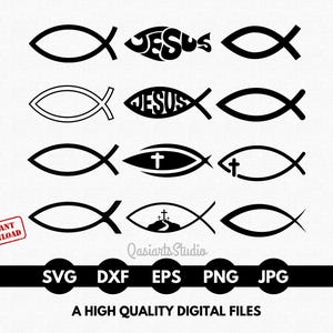 Op de afbeelding: Een verzameling zwarte christelijke vissymbolen, sommige met het woord "JESUS" in het ontwerp verwerkt, en andere met kruisen. De afbeelding bevat ook bestandstype-pictogrammen: SVG, DXF, EPS, PNG en JPG. De tekst luidt "A HIGH QUALITY DIGITAL FILES".