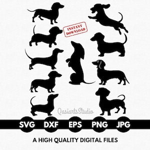 Può includere: Silhouette nere di cani bassotti in varie pose, tra cui in piedi, seduti e che saltano. L'immagine include il testo "Download istantaneo" e icone di tipo di file: SVG, DXF, EPS, PNG e JPG. È presente anche il testo "A HIGH QUALITY DIGITAL FILES".