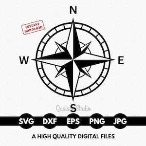 May include: A black and white compass rose design with cardinal directions labelled N, W, and E. The image includes the text "Instant Download" and file type icons: SVG, DXF, EPS, PNG, and JPG. The text "A HIGH QUALITY DIGITAL FILES" is also present.