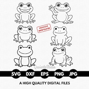 May include: Black and white digital art featuring six cartoon frogs in various poses. The frogs have large eyes and are smiling. The image includes the text "INSTANT DOWNLOAD" and file type icons: SVG, DXF, EPS, PNG, and JPG. The text "A HIGH QUALITY DIGITAL FILES" is also included.