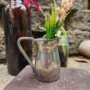 May include: A small, vintage silver pitcher with a handle, holding green and pink faux flowers. The pitcher sits on a worn, purple-brown book. A dark brown bottle and a glass jar with greenery are in the background.