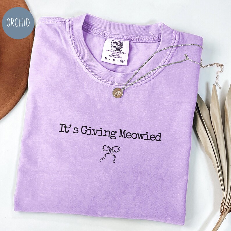 May include: A light purple t-shirt with the phrase "It's Giving Meowied" and a bow graphic. A silver necklace with a round pendant rests on the shirt. The shirt is labeled "Comfort Colors" and is size small.