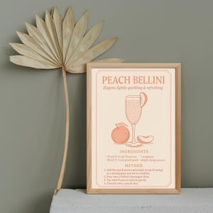 Peach Bellini Poster, Elegant Cocktail Recipe Print, Feminine Kitchen Wall Art, Pastel Peach Bar Decor, Sparkling Drink Illustration