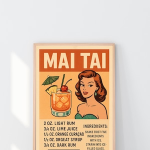Impresión de receta de cóctel Mai Tai, arte de bar tropical vintage, póster retro de bebida Tiki para decoración de bar en casa, póster de cóctel tropical