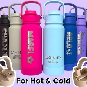 Gourde isotherme double couvercle gravée pour adulte/enfant - 600 ml chaud/froid - Gourde de sport, cadeau, gourde d'école, gourde de sport