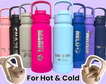 Personalised Engraved Dual Lid Insulated Water Bottle for Adult/Child - 600ml Hot/Cold - Gym Bottle, Gift,  School Bottle, Sports Bottle