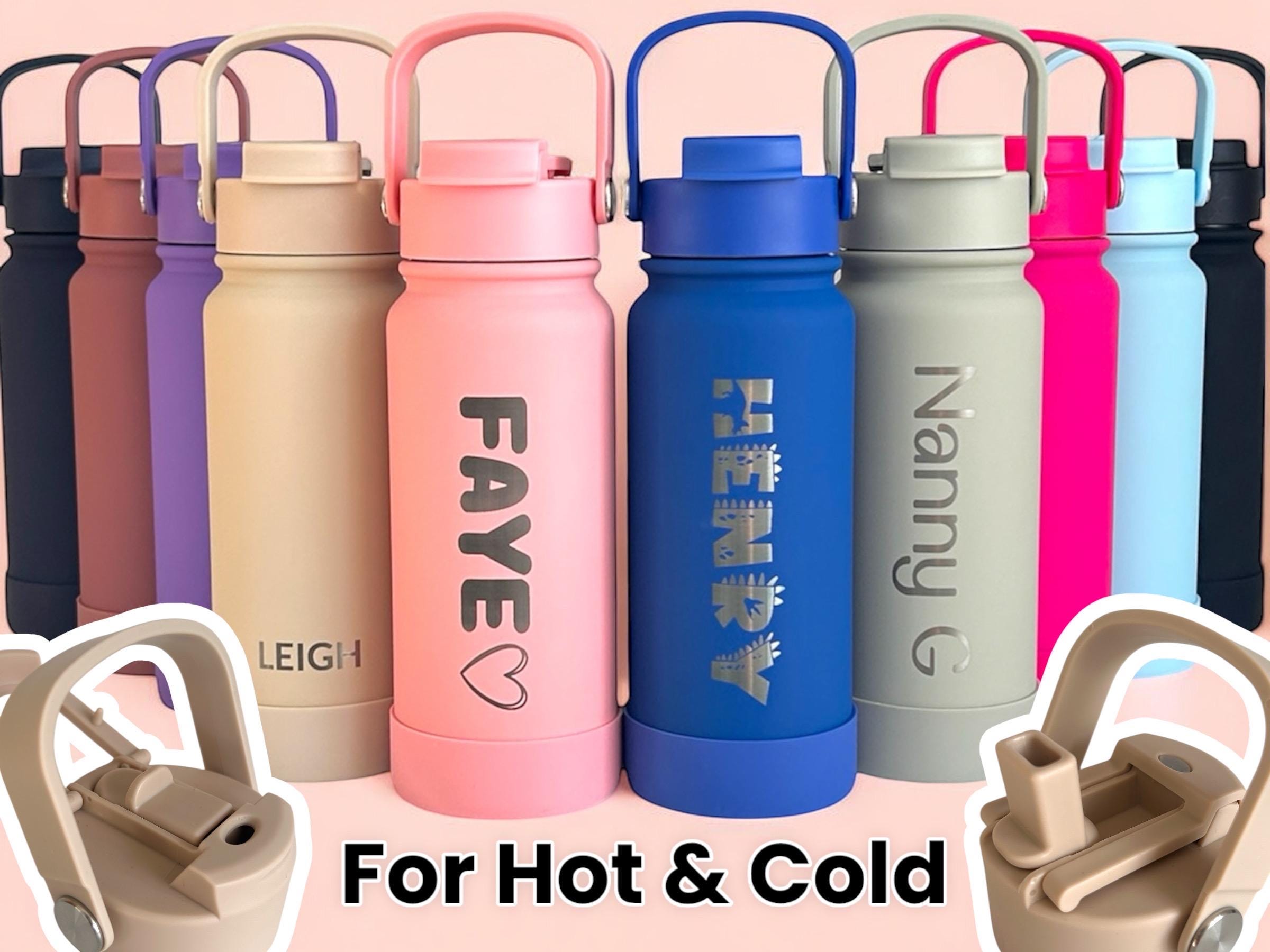 Personalised Engraved Dual Lid Insulated Water Bottle for Adult/Child - 600ml Hot/Cold Capacity - Gift, School Bottle, Sports Bottle, Father