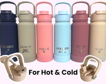 Personalised Engraved Dual Lid Insulated Water Bottle for Adult/Child - 600ml Hot/Cold Capacity - Gift, New School Bottle, Sports Bottle