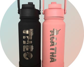 Personalised Dinosaur & Unicorn Font Engraved Insulated Water Bottle - 600ml Hot/Cold Capacity - Gift, School Bottle, Sports Bottle, Easter