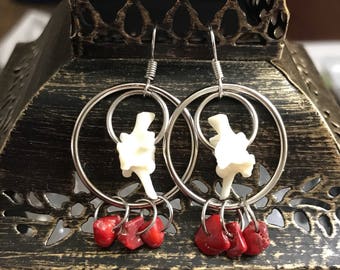 Red Coral and Python Vertebrae Earrings / Real Bone Jewelry / Oddity / Unisex / Gifts for her / Snake / Reptile
