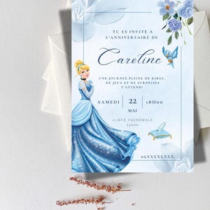 Carte d’invitation anniversaire Cendrillon , modèle invitation pour fille modifiable , modèle imprimable haute qualité