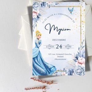 Carte d’invitation anniversaire Cendrillon , modèle invitation pour fille modifiable , modèle imprimable haute qualité