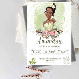 Carte d’invitation anniversaire princesse Tiana , modèle invitation pour fille modifiable , modèle imprimable haute qualité