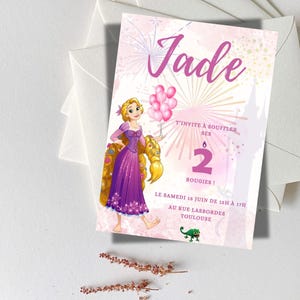Carte d’invitation anniversaire raiponce , modèle invitation pour fille modifiable , modèle imprimable haute qualité