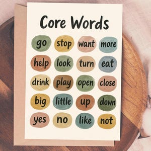 May include: A greeting card with the words "Core Words" at the top. The card features a grid of colorful, oval-shaped words like "go," "stop," and "want." The card is on a wooden tray.