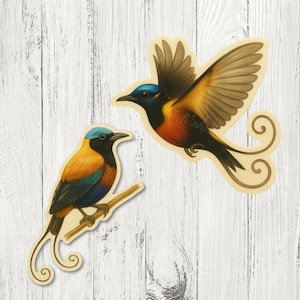 Stickerset paradijsvogel: 2-delige stickers exotische tropische vogel | Vliegend en neergestreken | Vinyl mat, glanzend of halfglanzend | 5" kunst