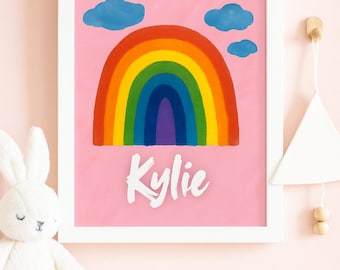 Custom Name Rainbow Nursery Print – Personalized Baby Room Art – 8x10 Framed Wall Decor
