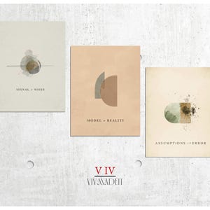 May include: Three abstract art prints with neutral tones and minimalist designs. Each print features geometric shapes and text: "SIGNAL > NOISE", "MODEL > REALITY", and "ASSUMPTIONS > ERROR". The prints are displayed against a concrete wall.