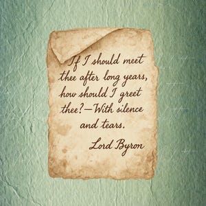 Pegatina de carta de amor de Lord Byron: «Con silencio y lágrimas». Cita vintage para sobres. Pegatina literaria romántica para diarios, regalos y bodas.