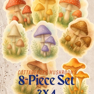 Zestaw naklejek Cottagecore Mushroom – 8 sztuk dużych akwarelowych grzybów (3 x 4 cale) winylowych naklejek, estetyka lasu do dzienników i scrapbookingu 3x4
