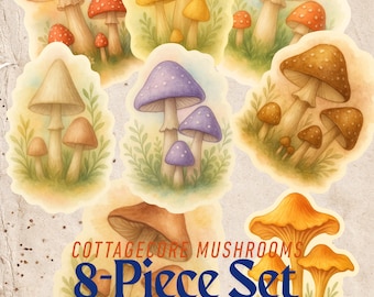Cottagecore Mushroom Sticker Set: Watercolor Waterproof Fungi, Forest Journal Stickers 3”