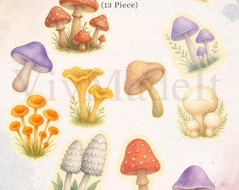Cottagecore Mushroom Stickers: Watercolor Fungi, Scrapbook & Journal (13 Piece)