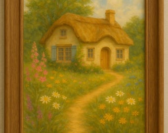 Cottagecore Print: Sunny English Garden, Thatched Roof Cottage (8x10)