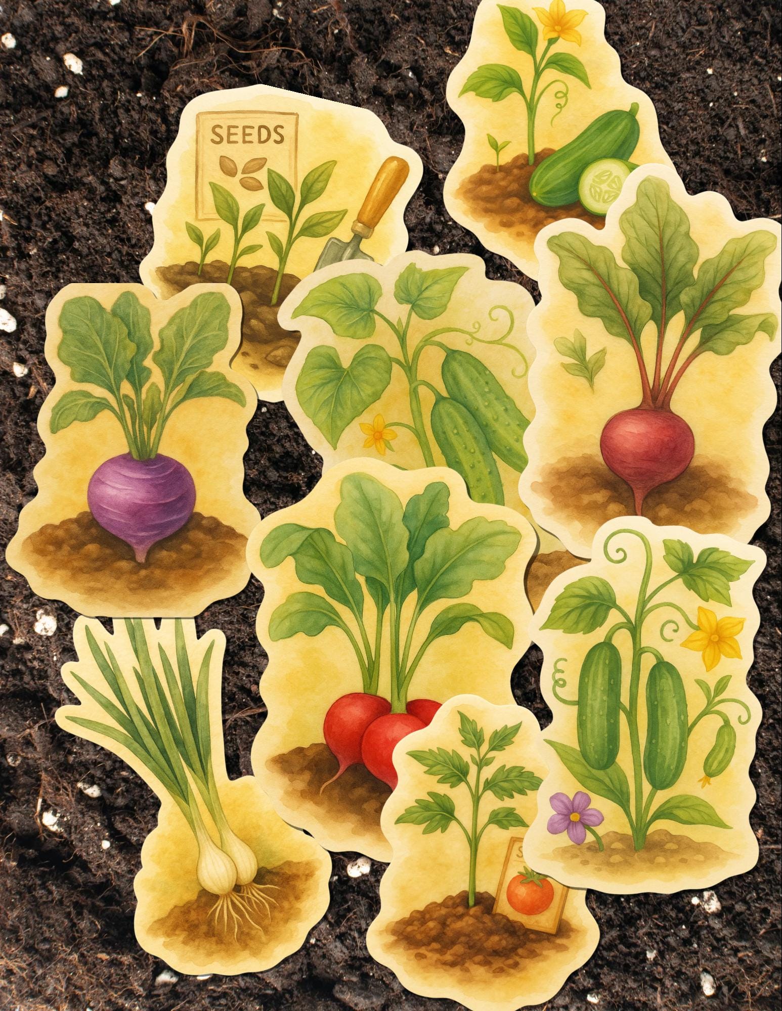 Watercolor Garden Sticker Set: Cottagecore Fruits, Veggies, Plants (16 ...