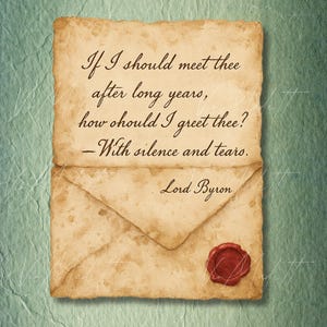 Pegatina de carta de amor de Lord Byron: «Con silencio y lágrimas». Cita vintage para sobres. Pegatina literaria romántica para diarios, regalos y bodas.