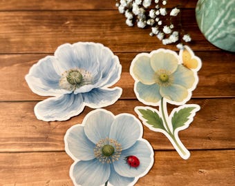 9 Blue Floral Stickers: Cottagecore Flower Set