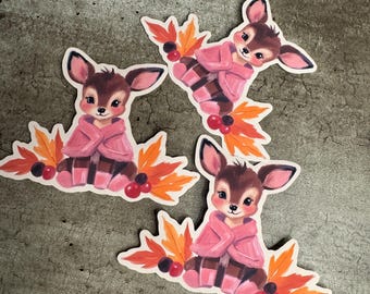 Fawn in Pink Sweater Sticker: Woodland Deer, Autumn Leaves