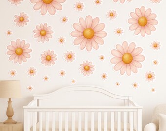 Pink Daisy Wall Decals – Watercolor Floral Nursery Decor, 30 Piece Set