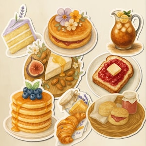 Watercolor Brunch Food Sticker Set: Cottagecore Cafe Theme