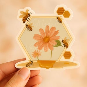 Bee My Daisy – gestanste sticker bij en roze madeliefje | Cottagecore bloemen waterdichte vinylsticker voor laptop, dagboek, bijenliefhebbers cadeau,