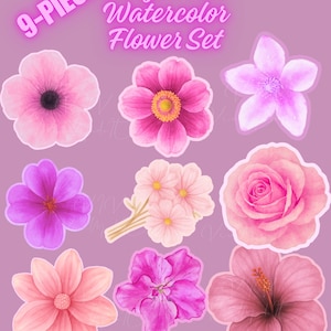 Watercolor Flower Stickers: Pink Floral Vinyl Decal Set (9-Pack)