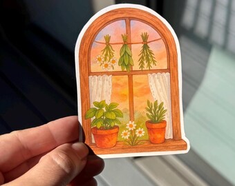 Cottage Window Sunset Sticker: Cozy Herb Garden, Watercolor Style