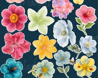 May include: A collection of watercolor floral stickers in various colors, including pink, yellow, blue, and teal. The stickers feature different flower types, such as roses, hibiscus, and poppies, with some including bees and ladybugs. The background is a dark navy blue.