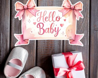 Watercolor Hello Baby Girl Banner Sticker: Pink Bow Nursery Decor